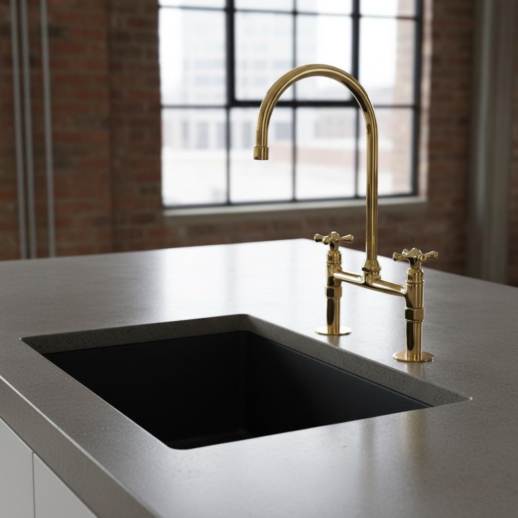 Modern kitchen sink with gold faucet against a brick wall background