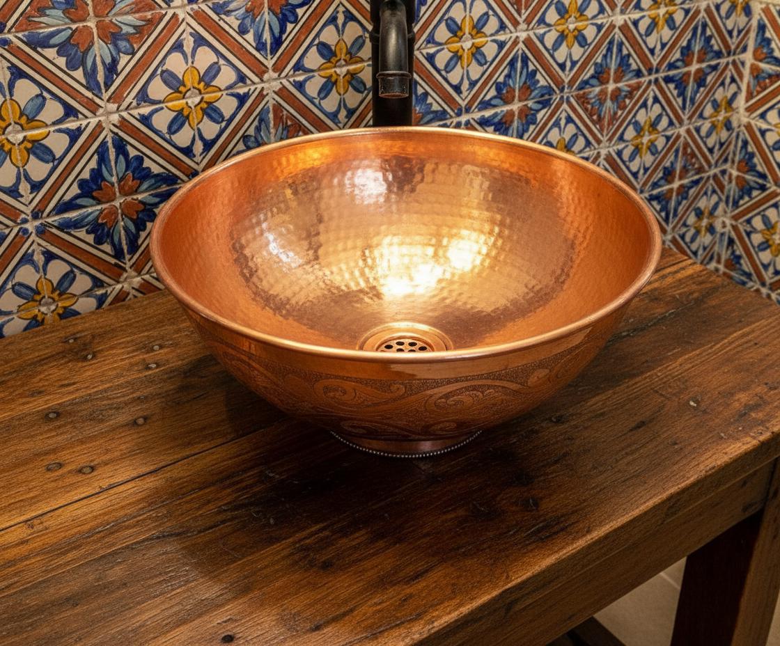 Copper sink on a wooden surface with a patterned tile wall in the background
