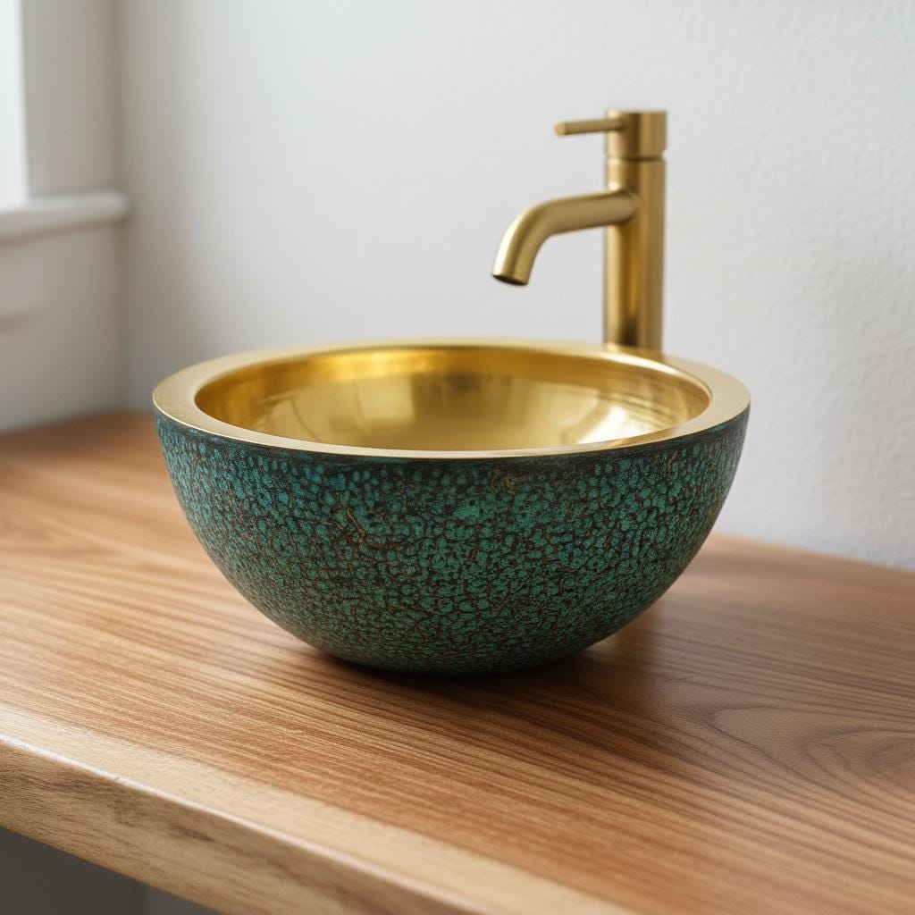 Gold faucet and speckled green sink on a wooden surface