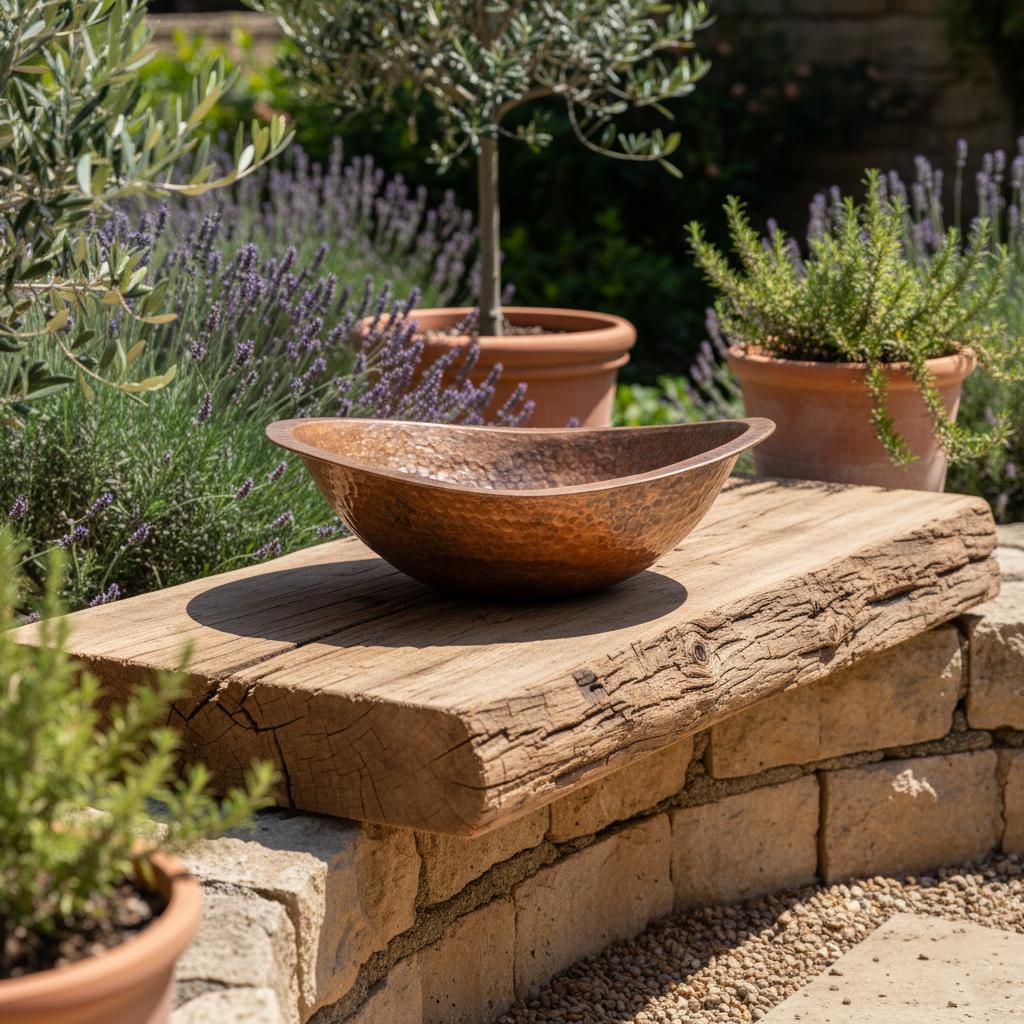 Copper bowl on a stone ledge with plants in the background