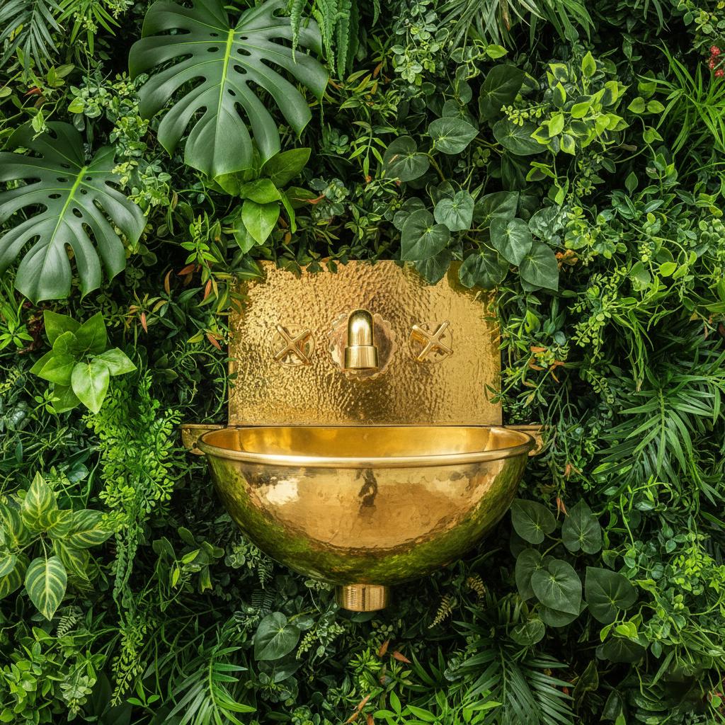 Gold wall-mounted fountain surrounded by lush greenery