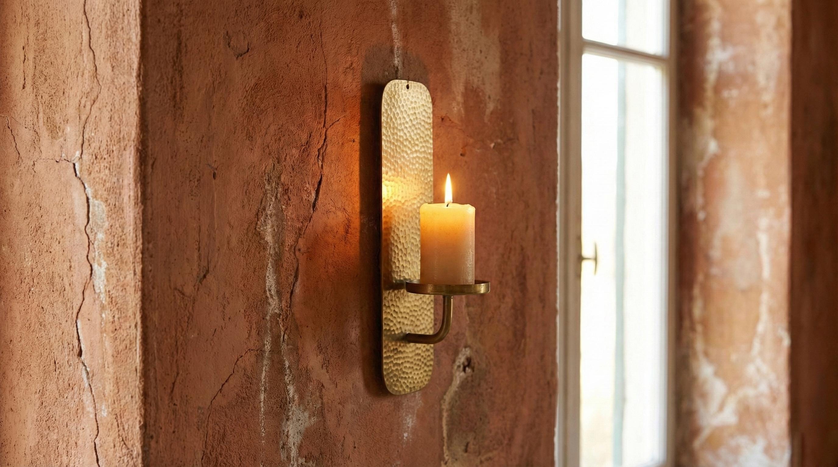 Wall-mounted candle holder with a candle on a textured wall