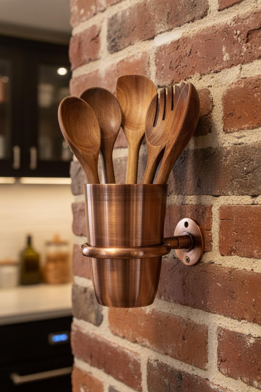 Wooden utensils in a copper holder mounted on a brick wall in a kitchen.