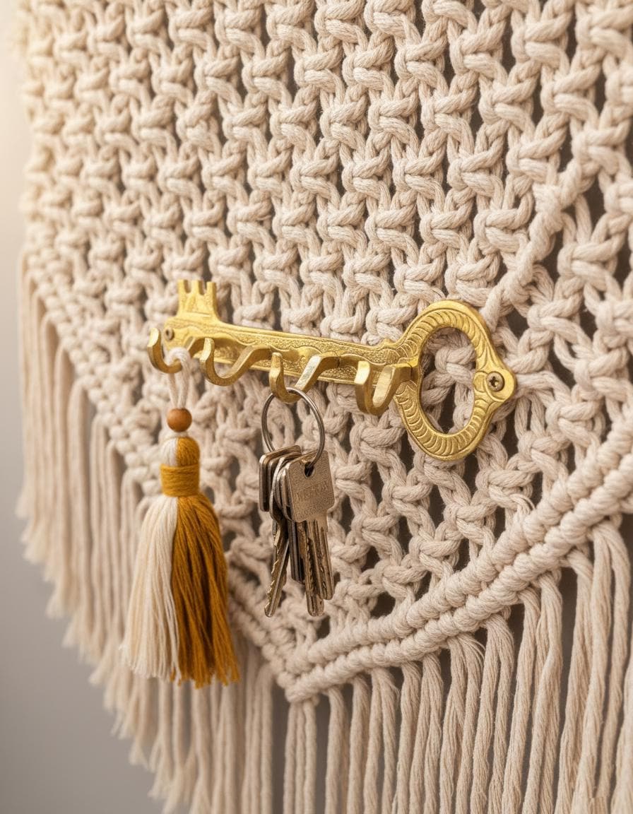 Decorative key holder with keys on a macramé wall hanging