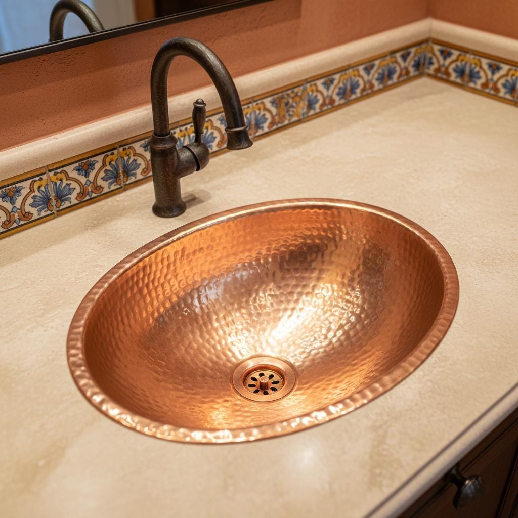 Copper sink on a countertop with a decorative backsplash