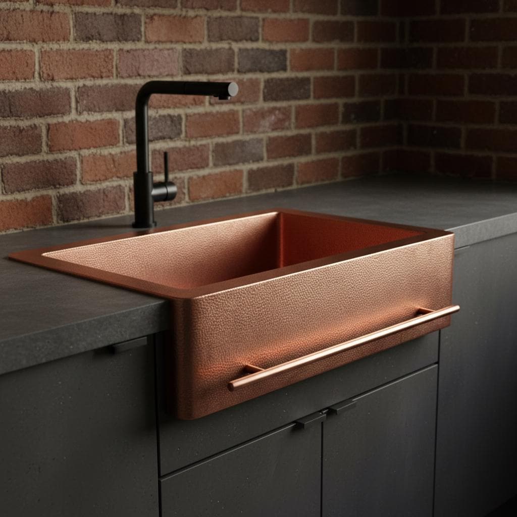 Copper kitchen sink with black faucet against a brick wall