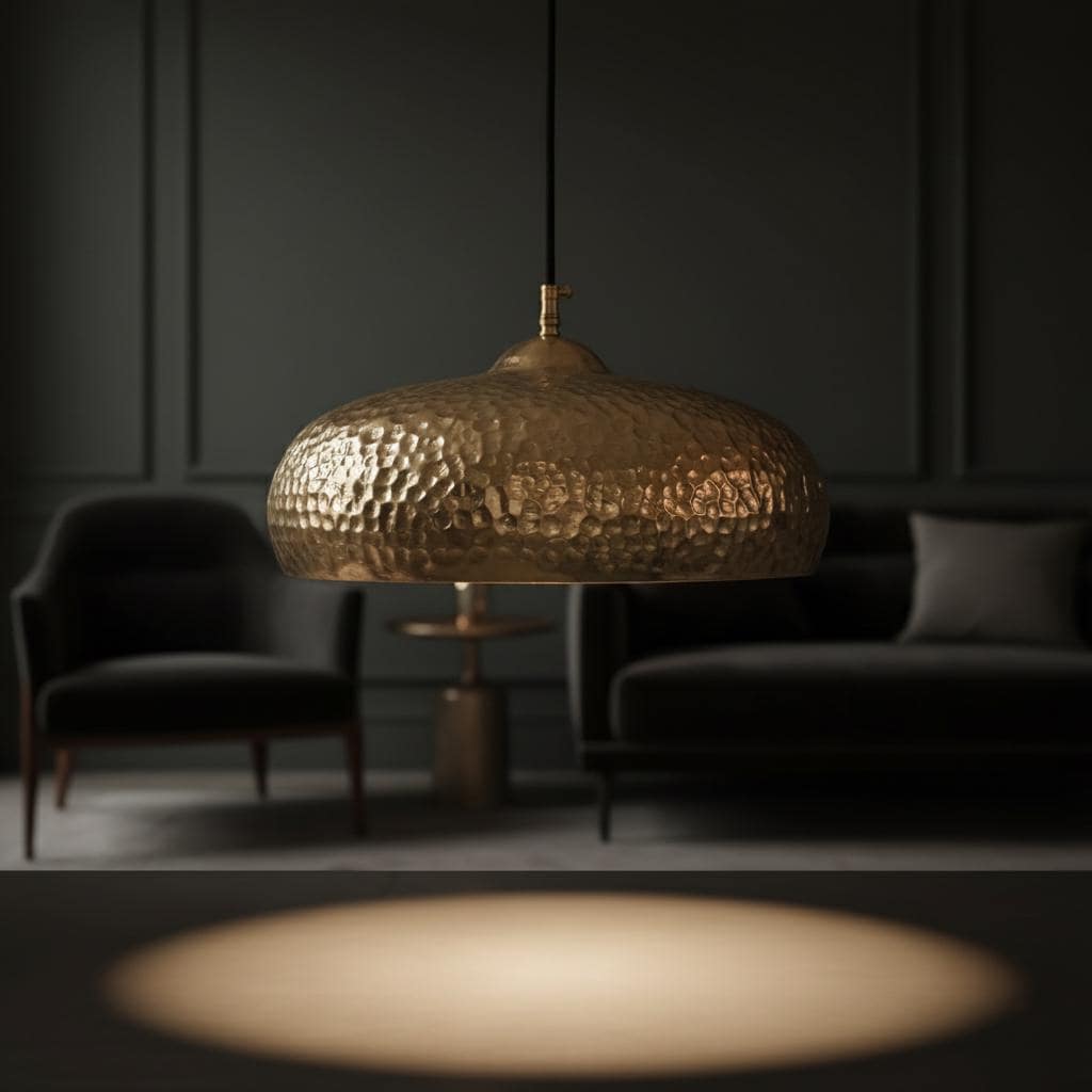 Gold pendant light hanging in a dimly lit room with a sofa and chair.