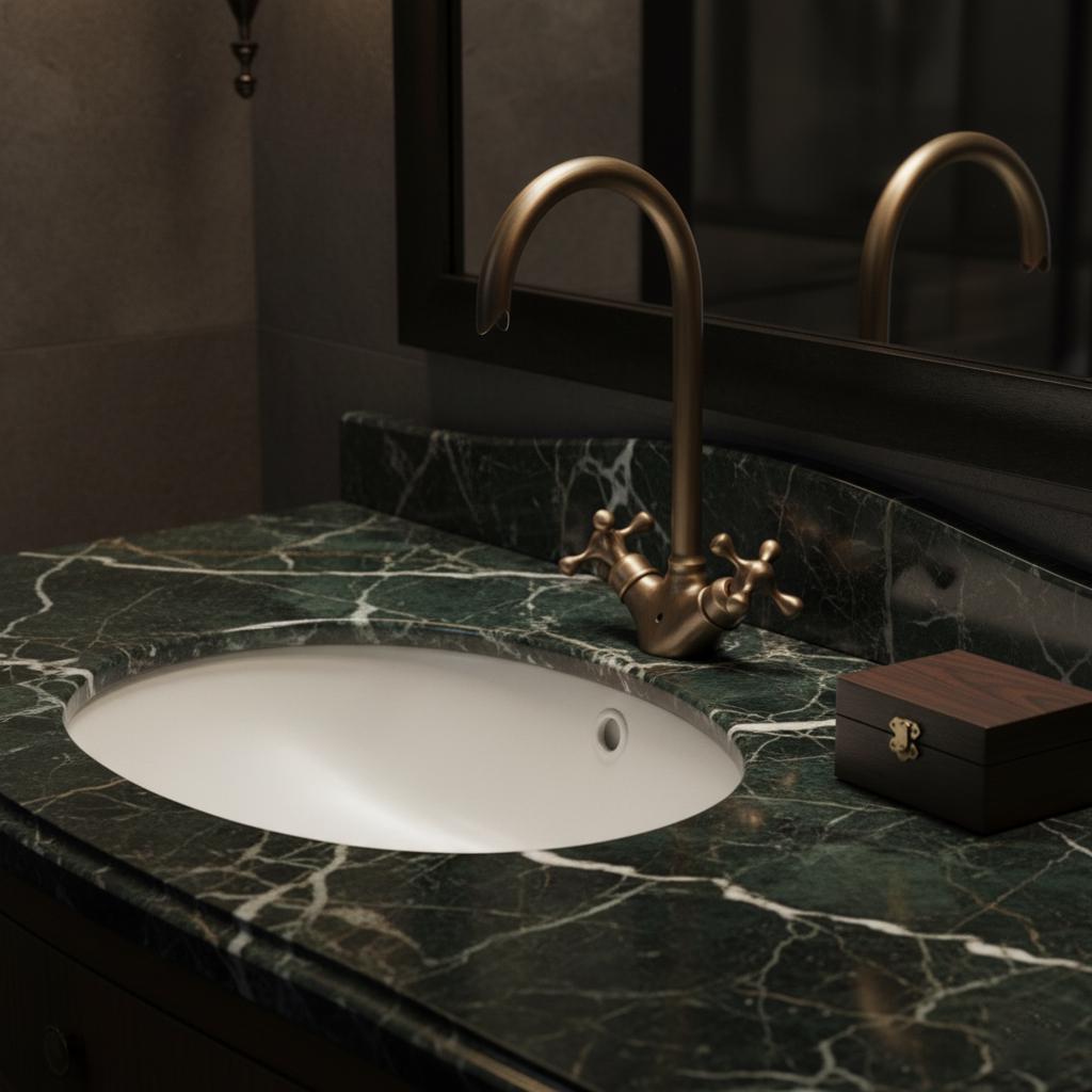 Bathroom sink with bronze faucet on a marble countertop