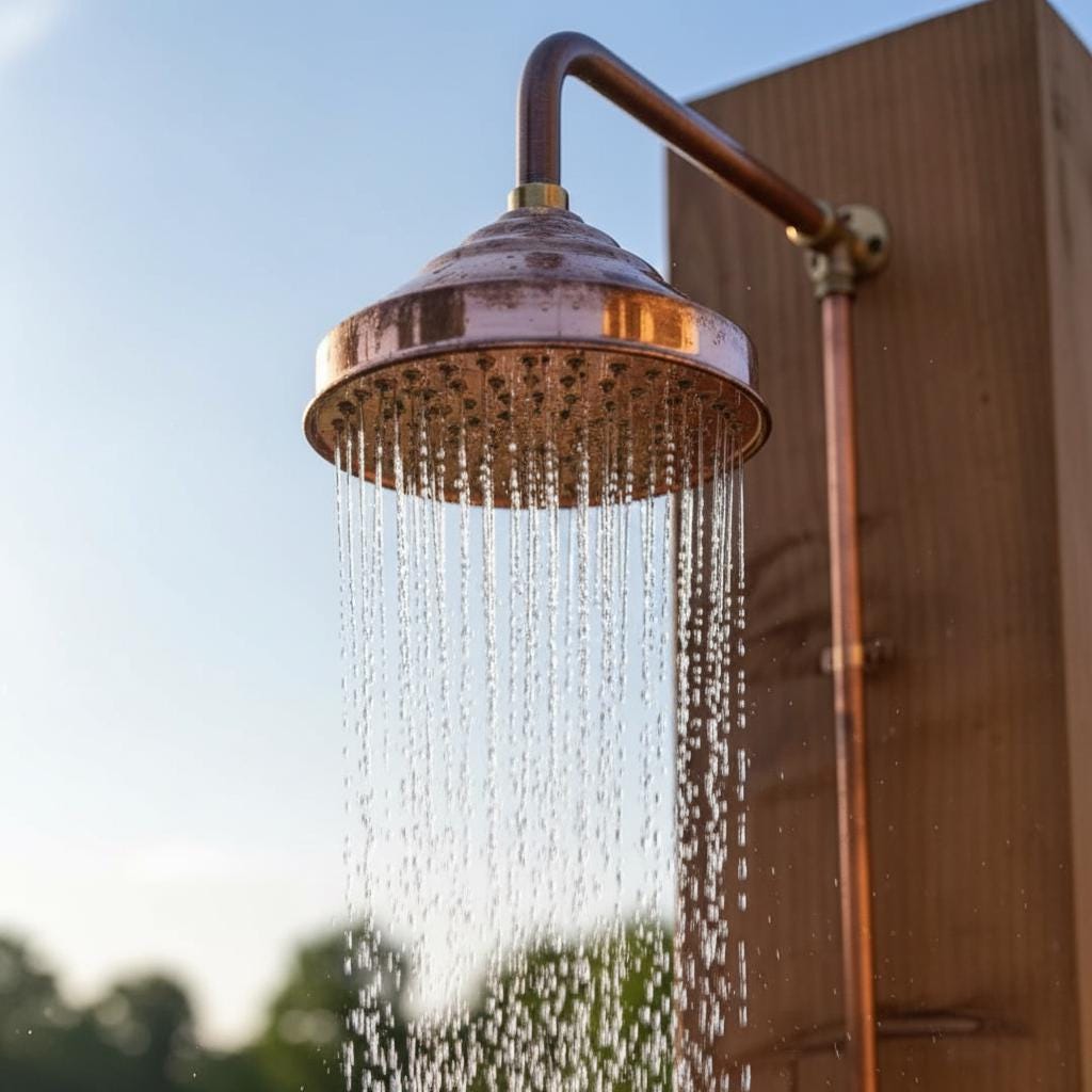 Copper outdoor shower head with water flowing against a clear sky.