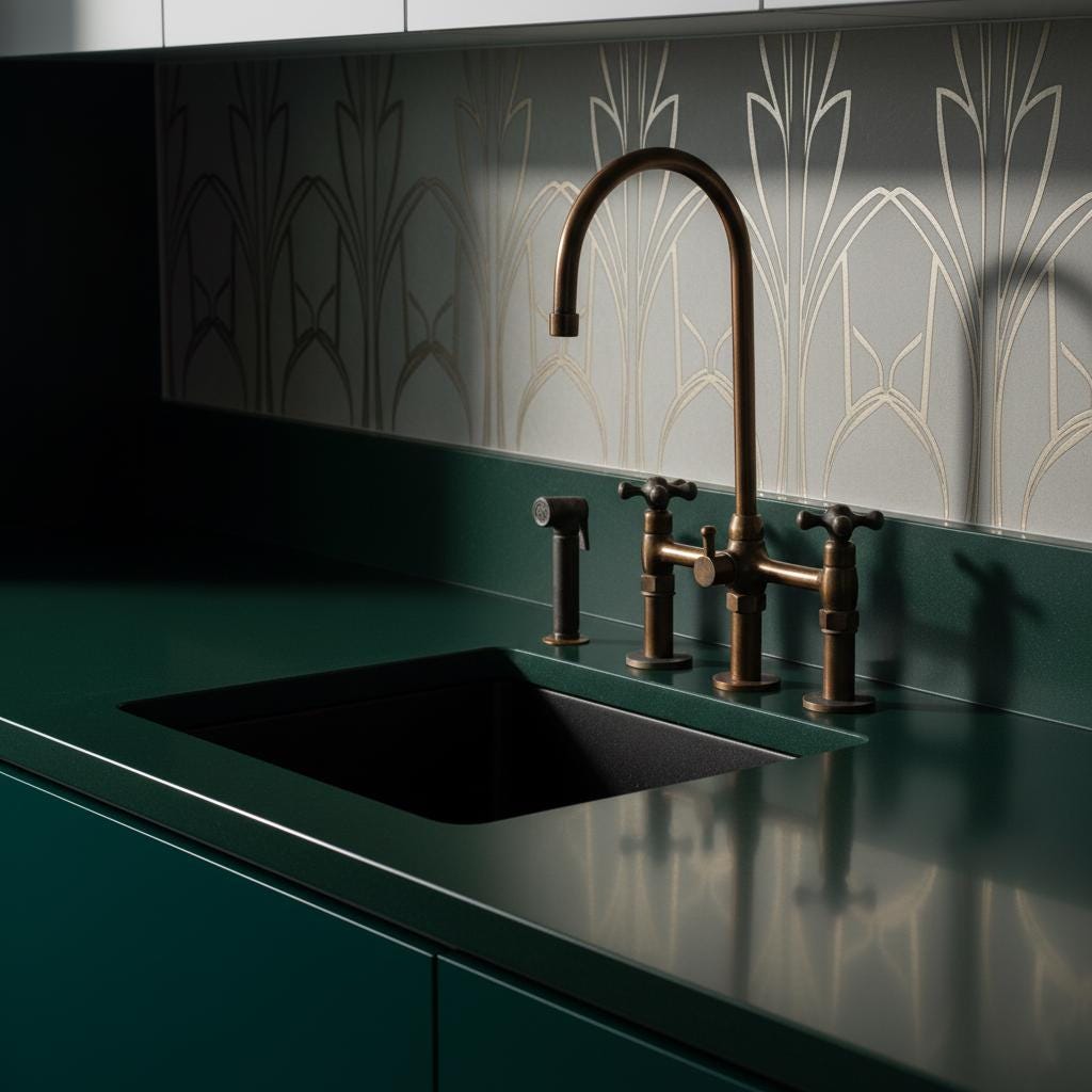 Modern kitchen sink with bronze faucet against a dark green backsplash