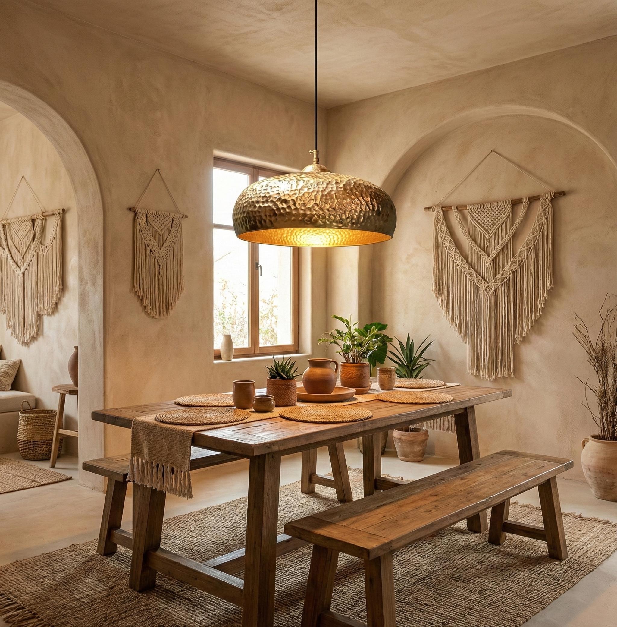 Dining room with wooden table, benches, and decorative macrame hangings on a neutral wall.