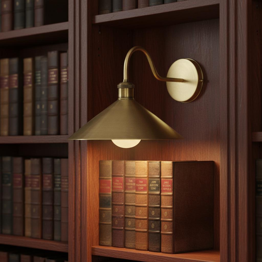 Wall-mounted brass lamp illuminating a wooden bookshelf with books