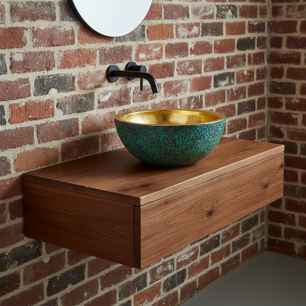 Bathroom sink with wooden vanity and gold bowl against a brick wall