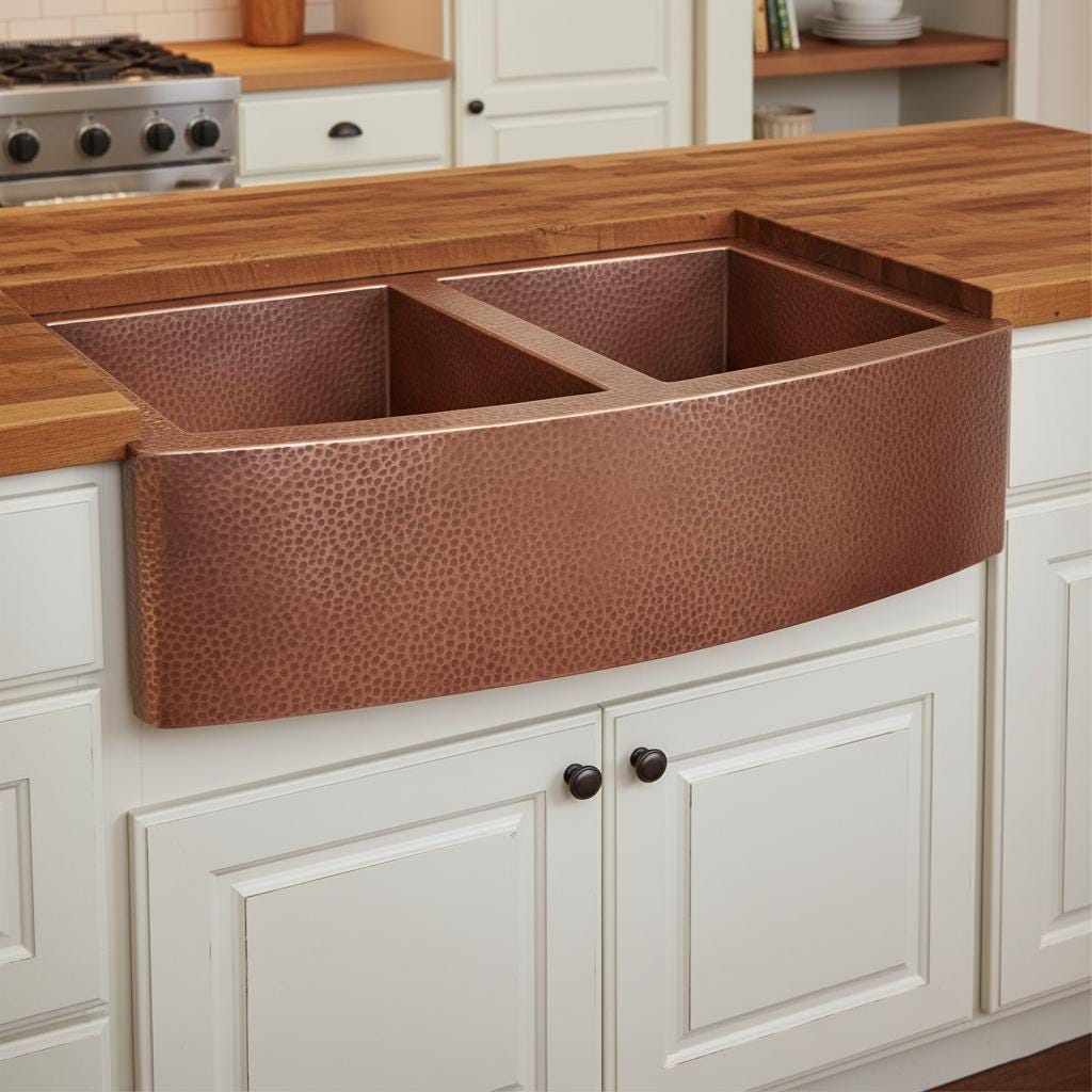 Copper farmhouse sink in a kitchen with wooden countertop and white cabinets.