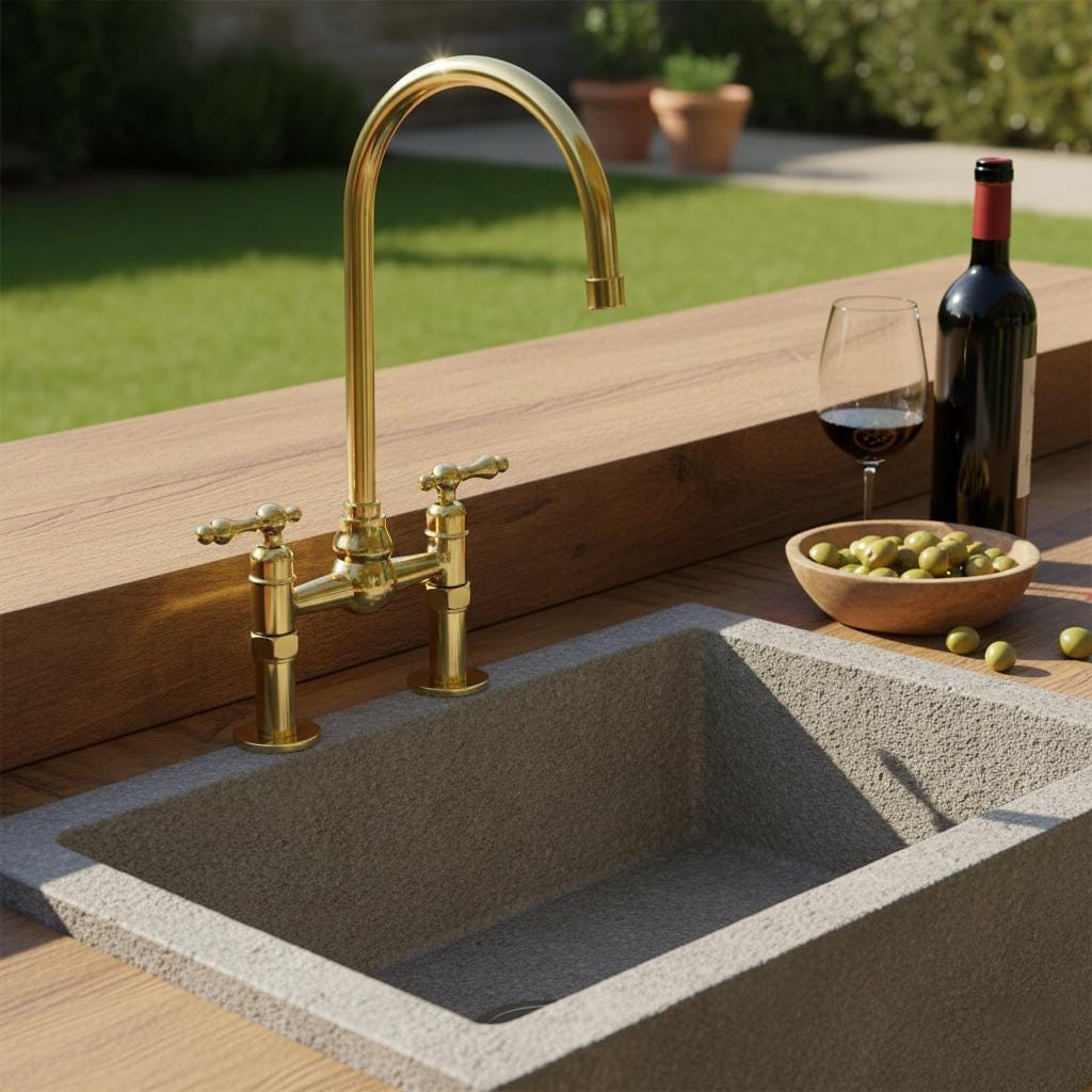 Outdoor kitchen sink with gold faucet and wine bottle on a wooden surface