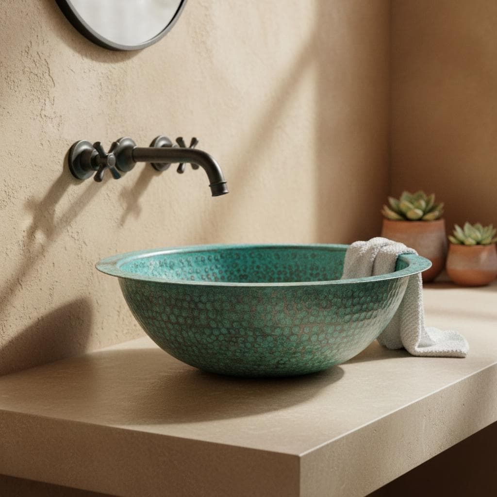 Teal ceramic sink on a beige countertop with a rustic faucet and decorative plants.