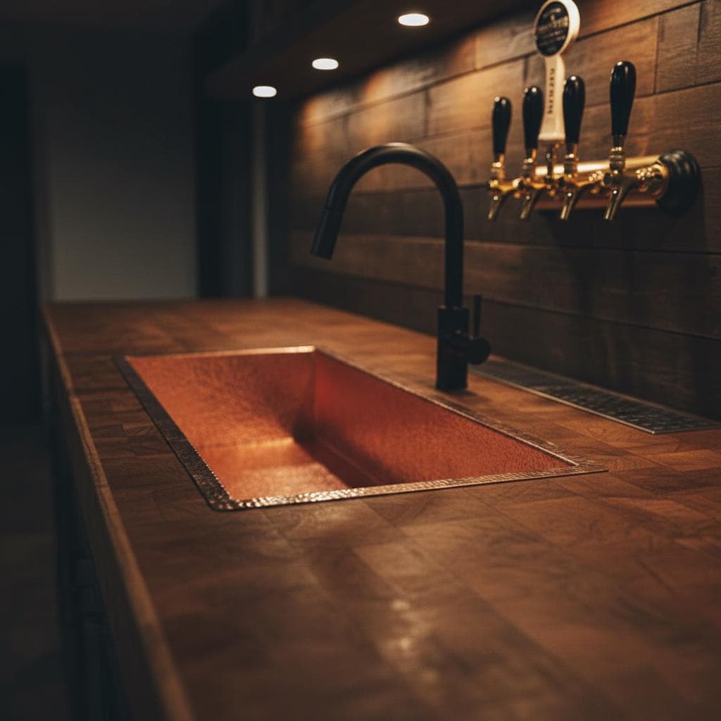Copper sink with black faucet in a dimly lit bar setting