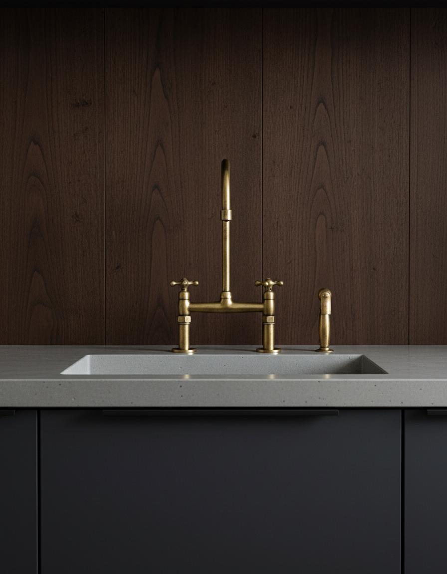 Modern kitchen sink with gold faucet against a dark wooden wall.