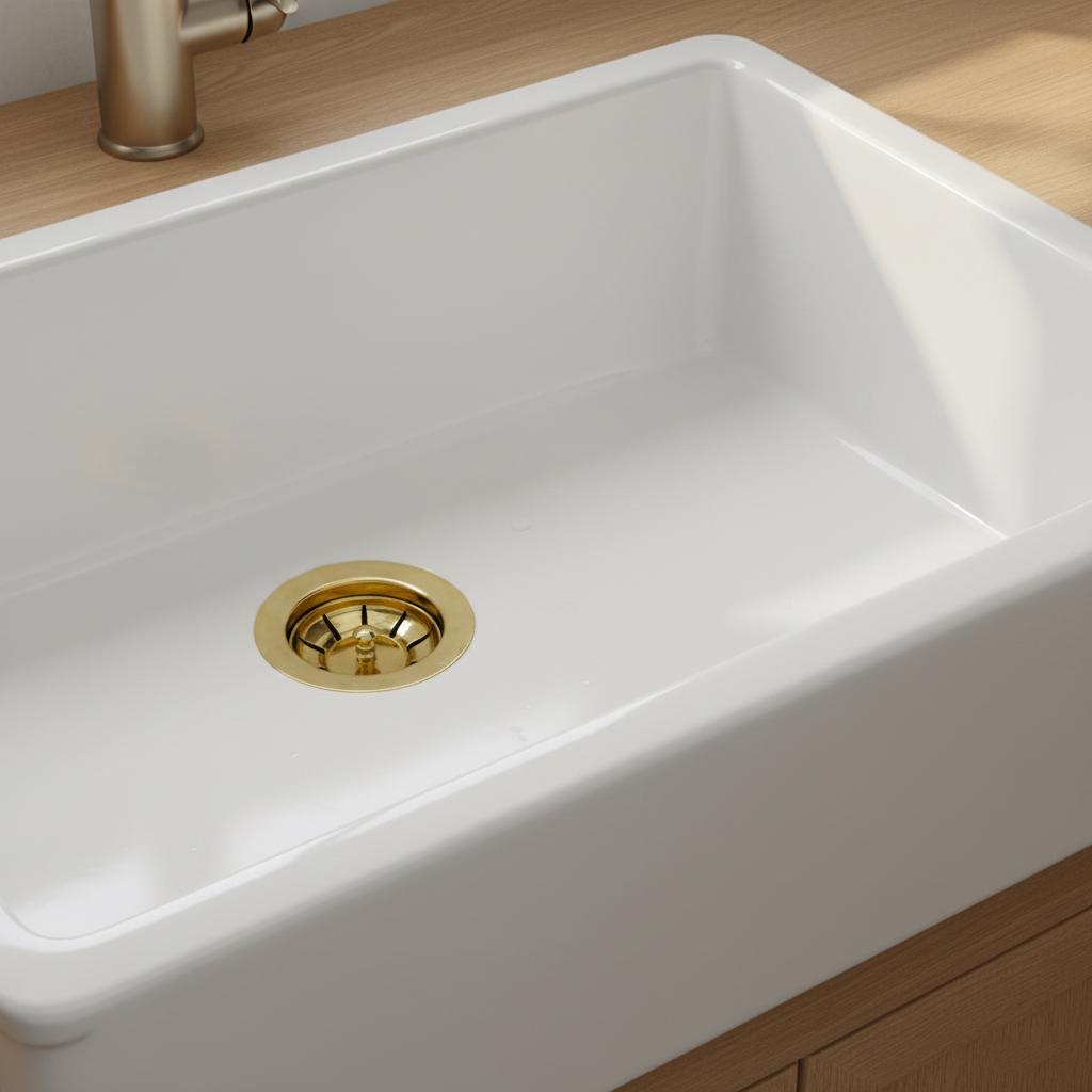 White kitchen sink with gold drain cover on a wooden countertop