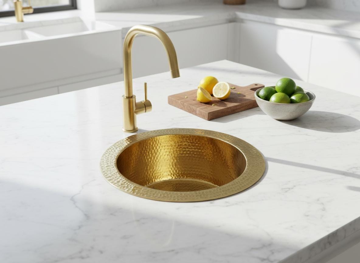 Gold kitchen sink on a white countertop with lemons and limes.