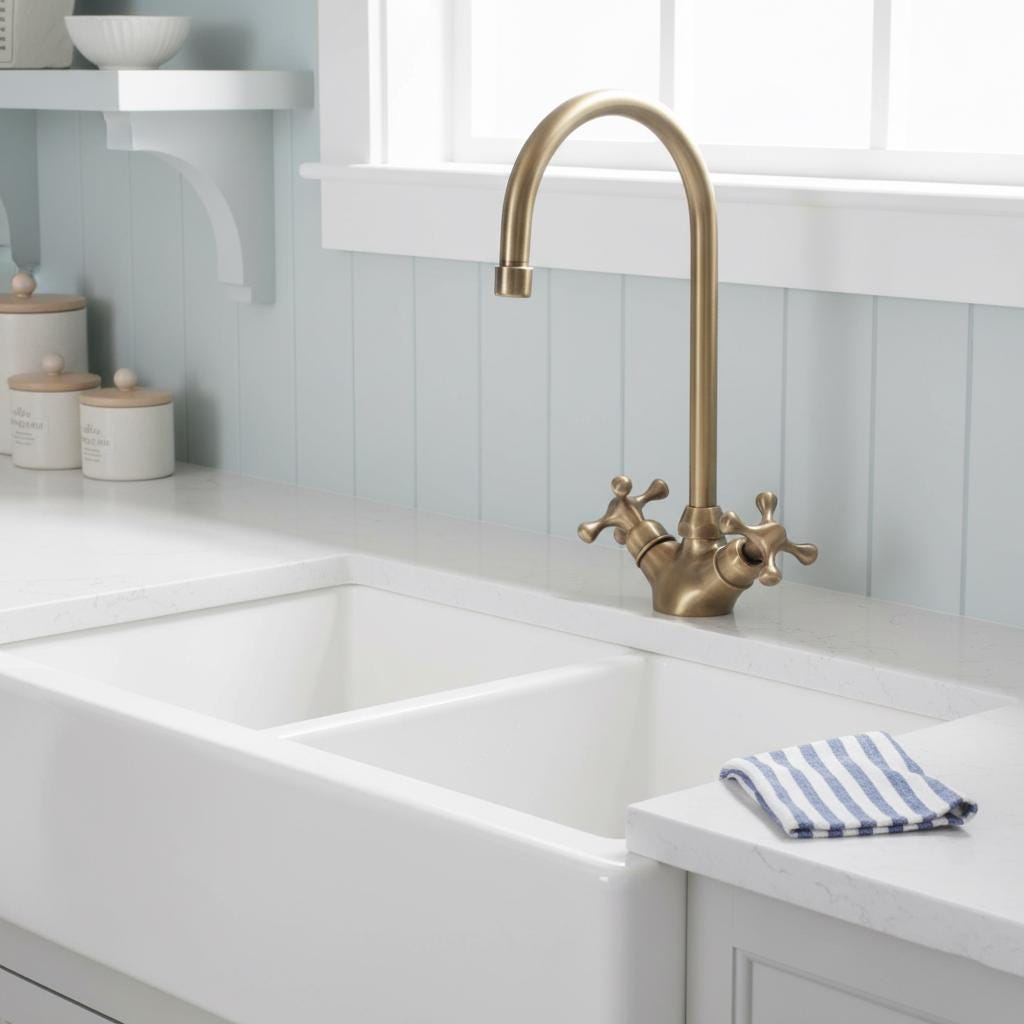 Kitchen sink with gold faucet and white countertop
