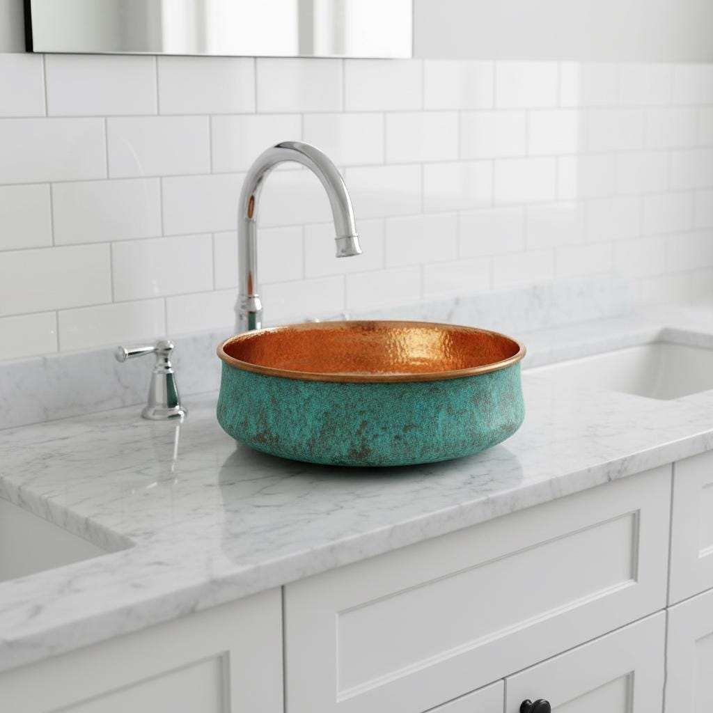 Teal sink with gold interior on a marble countertop in a bathroom setting.