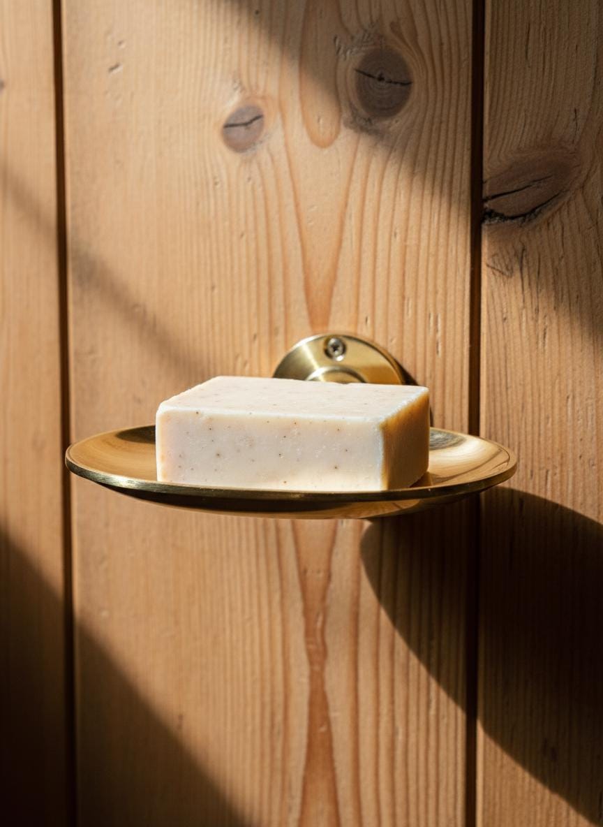 Square bar of soap on a brass soap dish against a wooden wall.