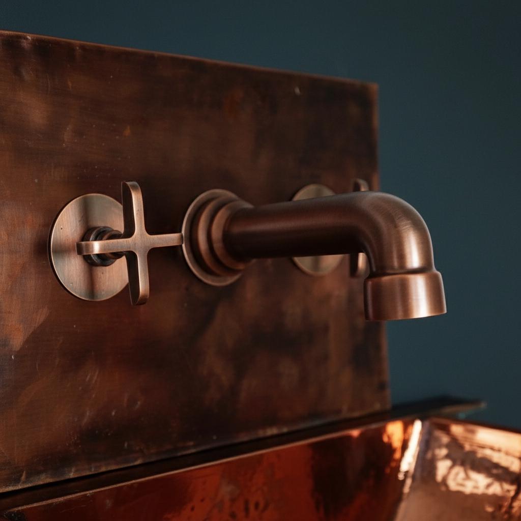 Close-up of a copper faucet on a metallic surface with a dark background