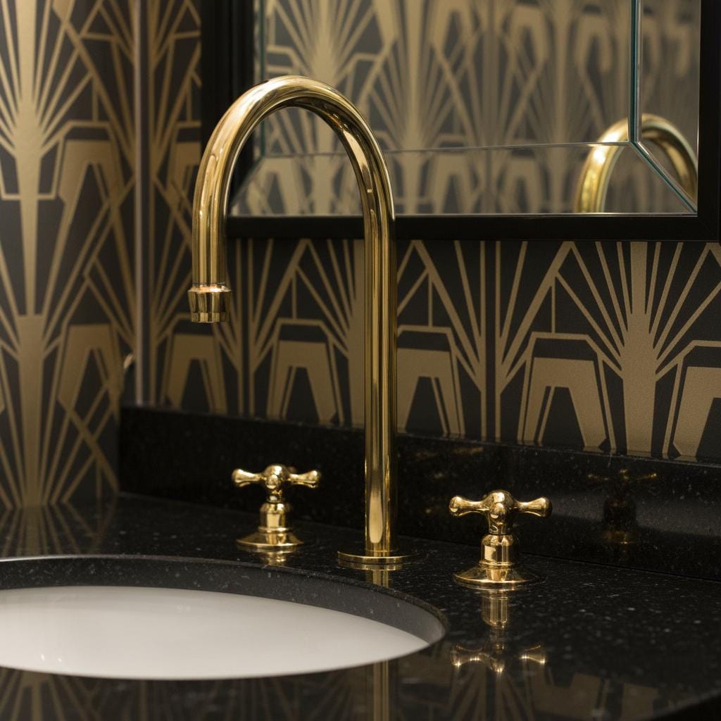 Gold faucet and handles on a black sink with geometric patterned wall behind