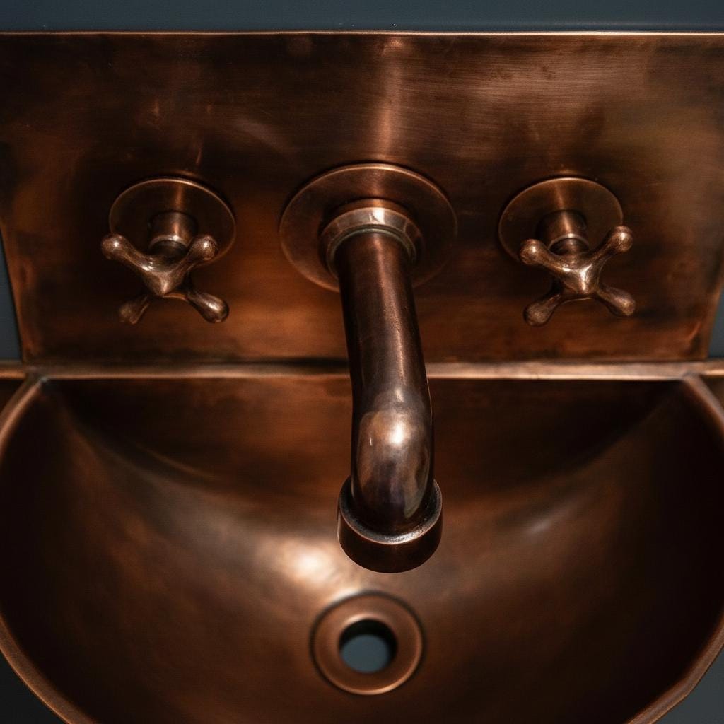 Close-up of a copper sink with faucet and handles on a dark background
