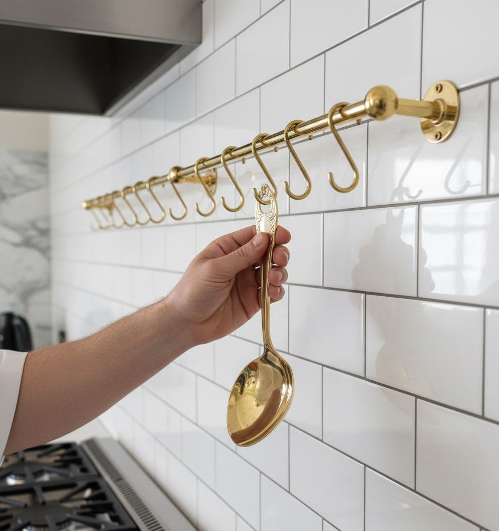 Gold ladle held by a hand in front of a gold rack with hooks on a tiled kitchen wall.