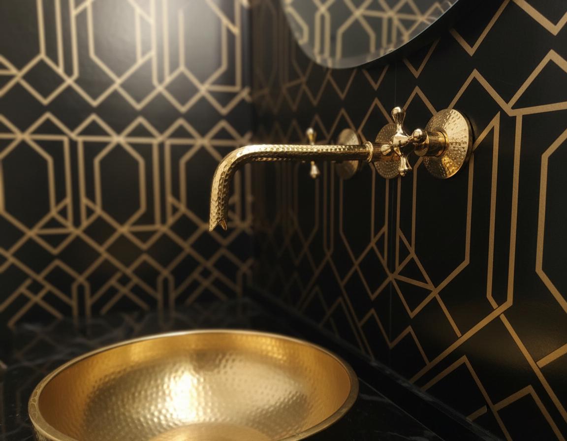 Gold faucet and sink against a black geometric-patterned wall