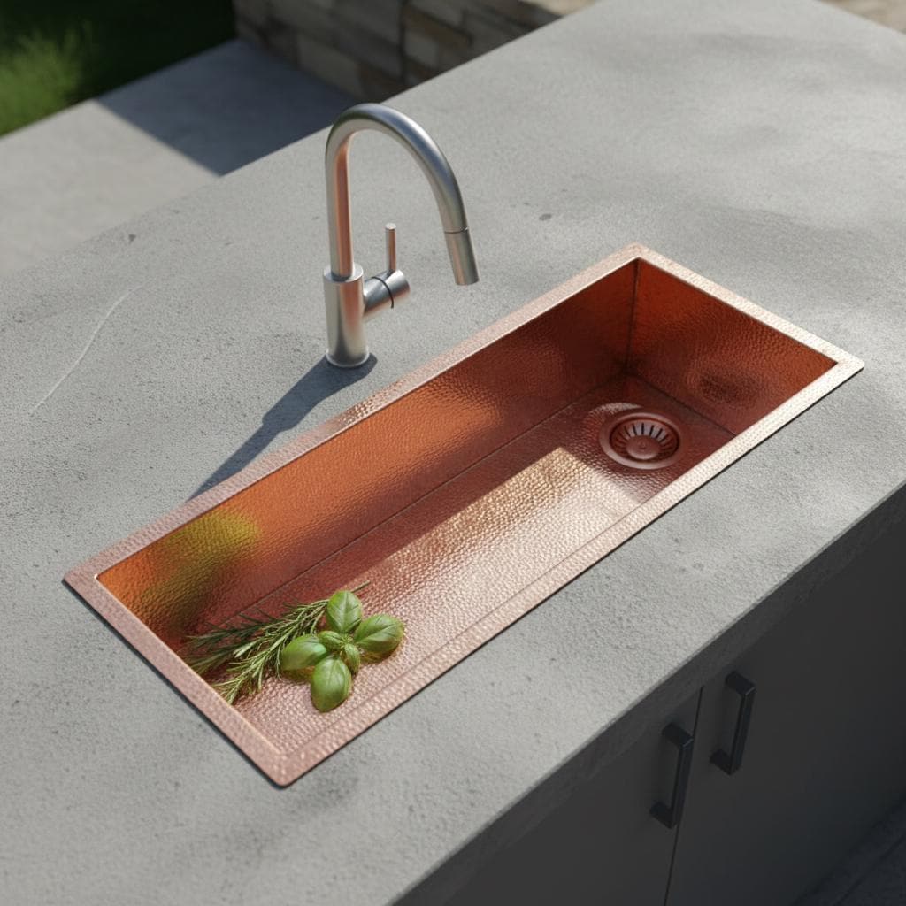 Copper kitchen sink with a faucet on a concrete countertop