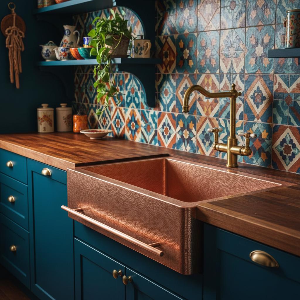 Copper farmhouse sink in a kitchen with blue cabinets and patterned tile backsplash