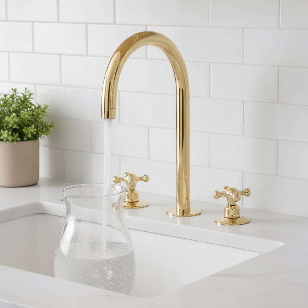Gold kitchen faucet and handles on a white tiled wall with a sink.