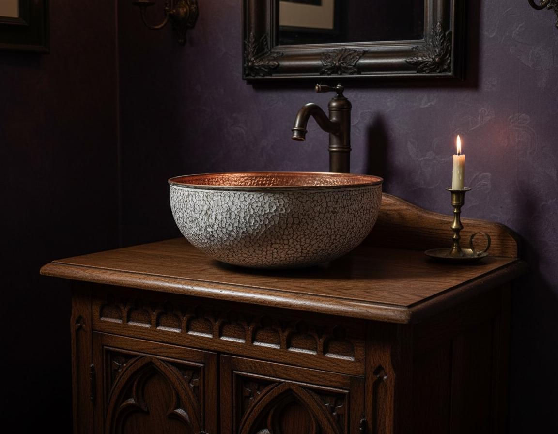 Copper sink on a wooden cabinet with a candle and ornate mirror in a darkly decorated room.