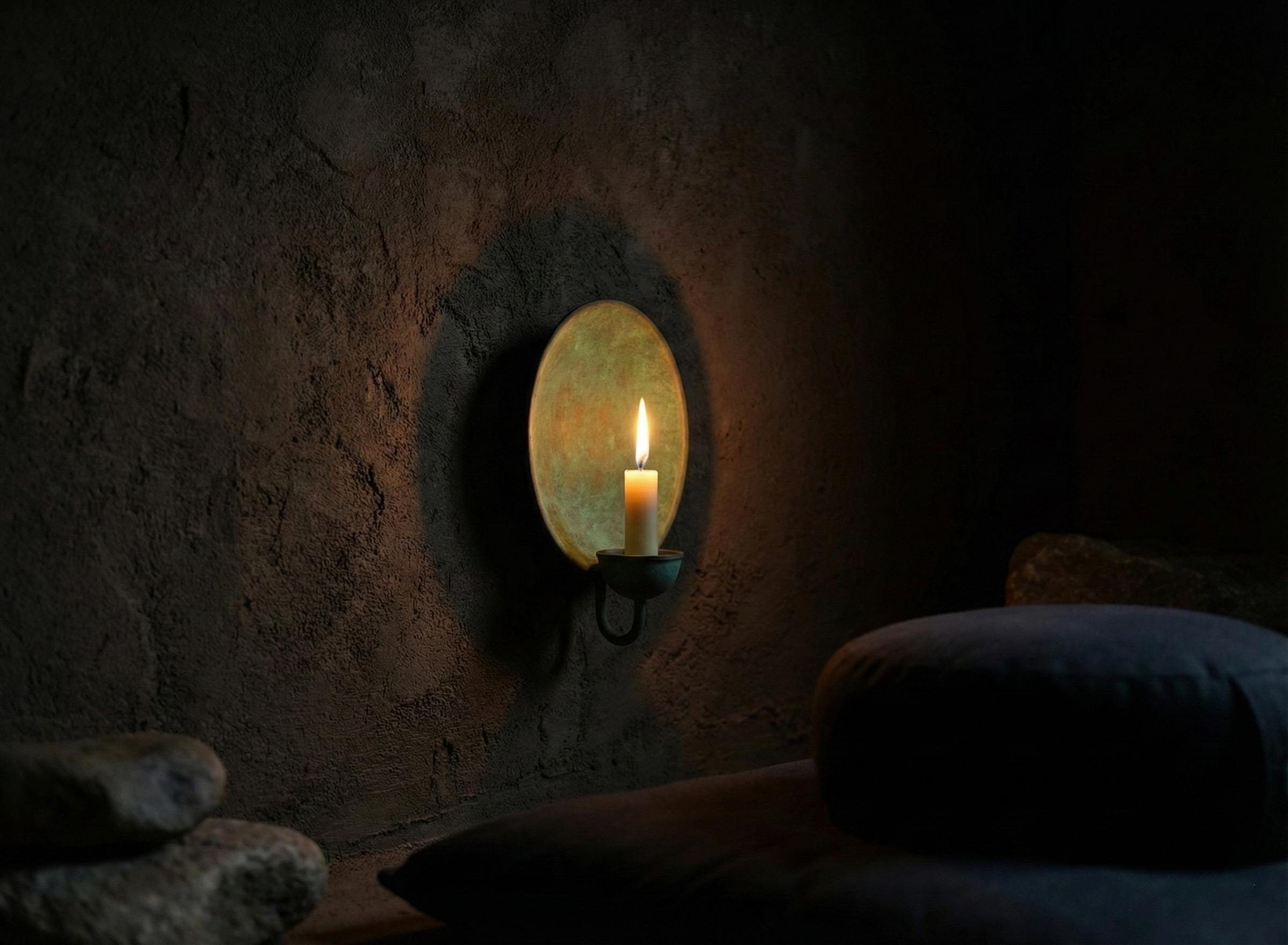 Candle in a stone wall niche with a dark background