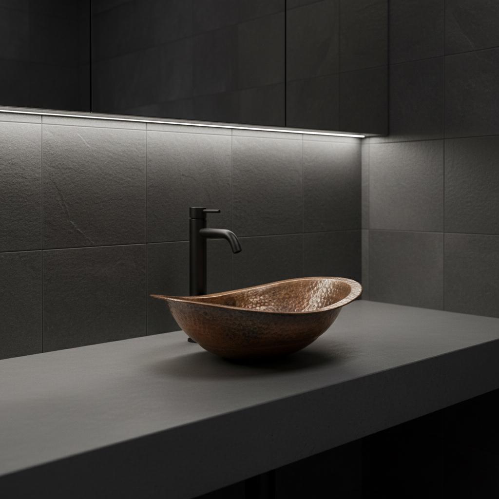 Bathroom sink with bronze basin and black faucet against a gray wall.
