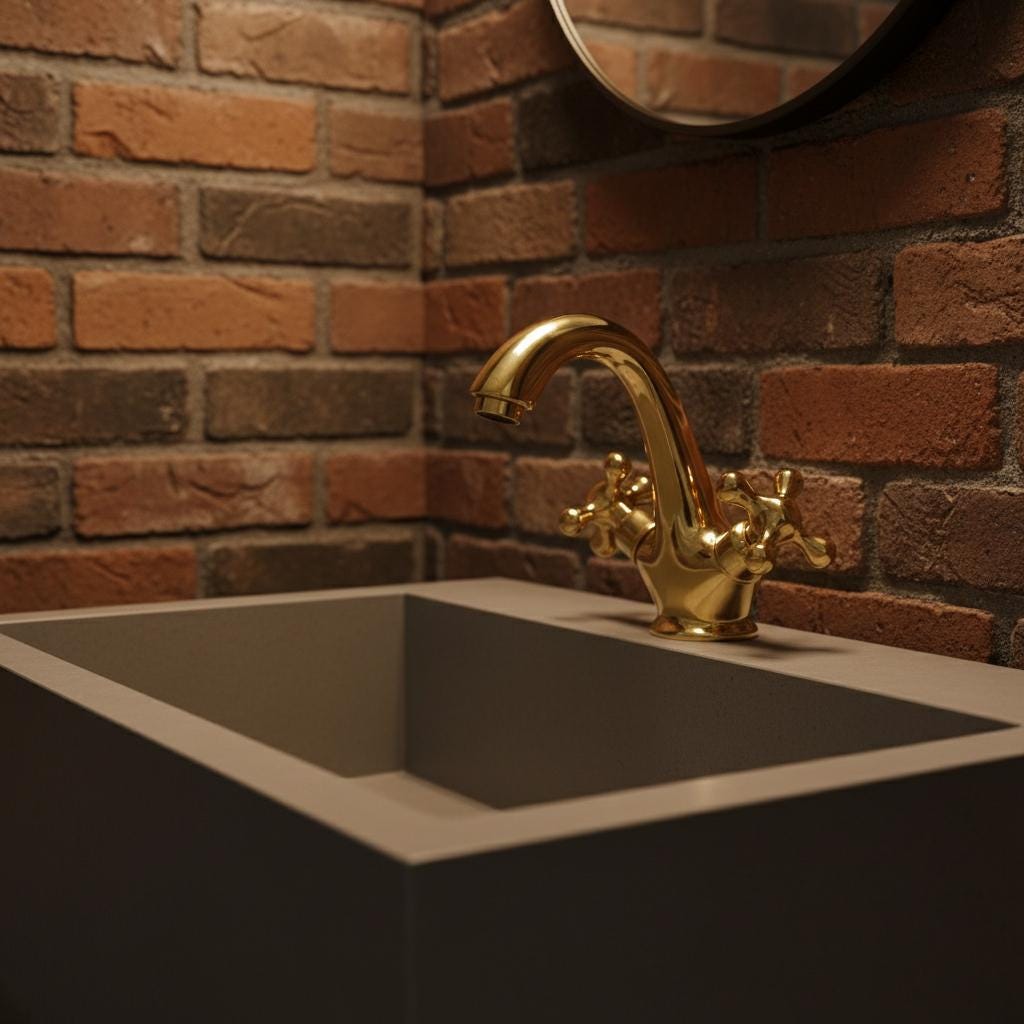 Gold faucet on a sink with a brick wall background
