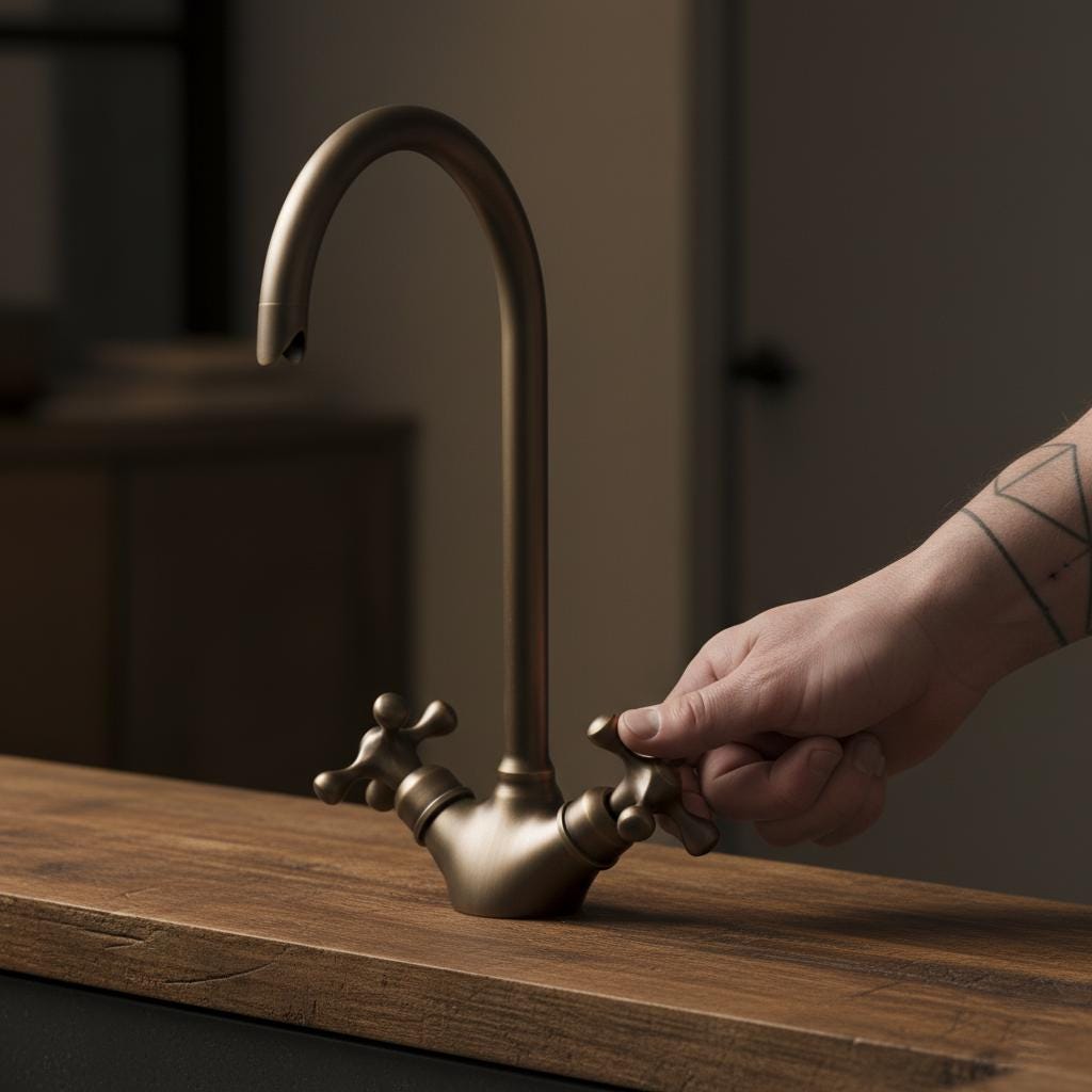 Bronze faucet on a wooden surface with a hand turning the handle.