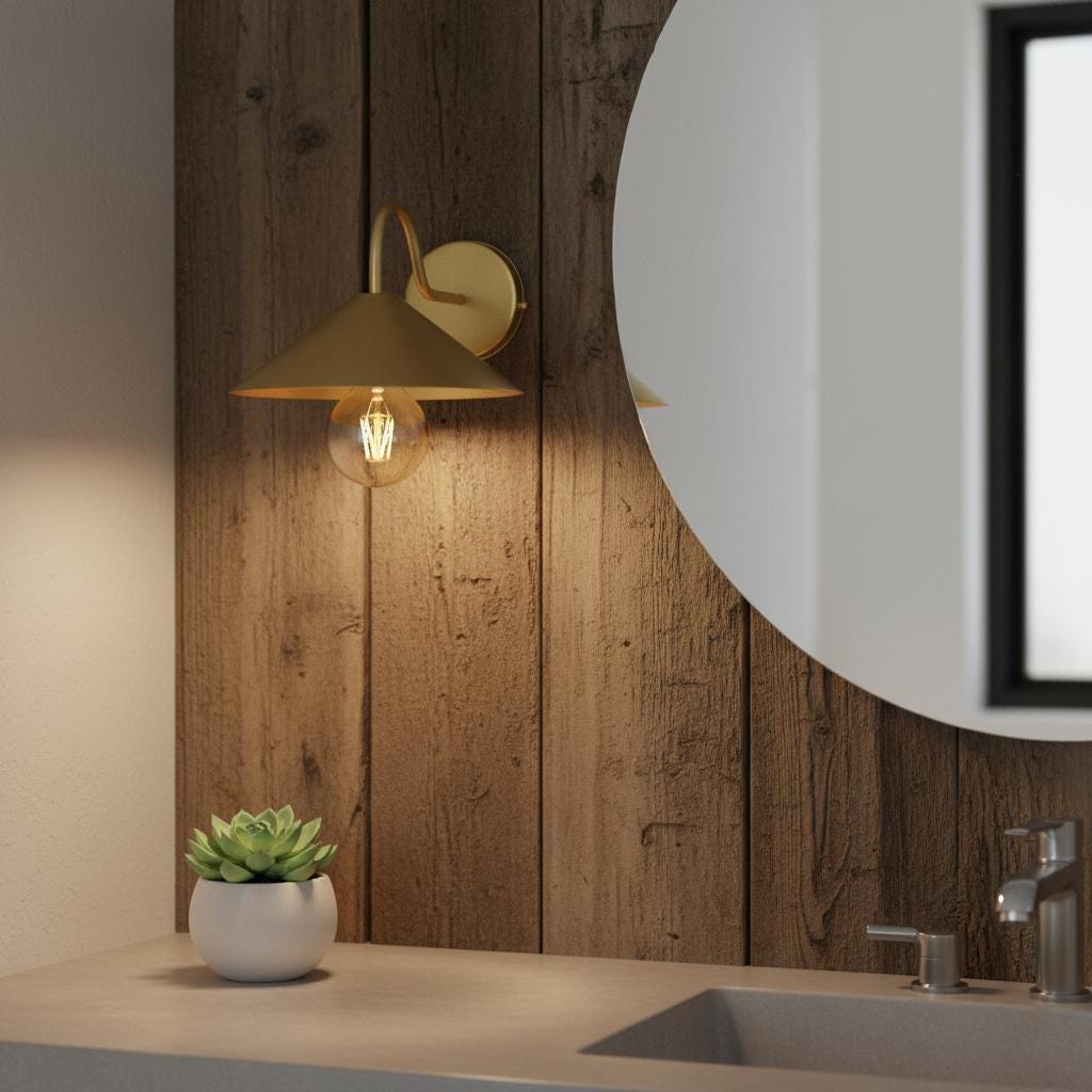 Bathroom interior with wooden wall, round mirror, and potted plant.