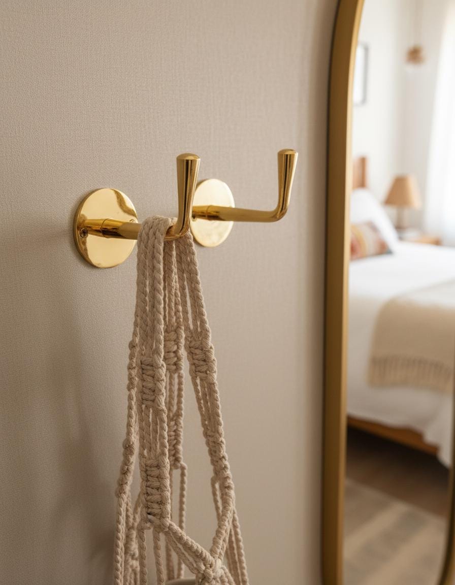 Gold wall hook with a macrame plant hanger on a neutral wall.