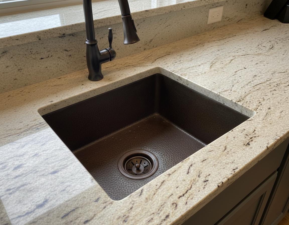 Brown kitchen sink on a granite countertop with a black faucet.