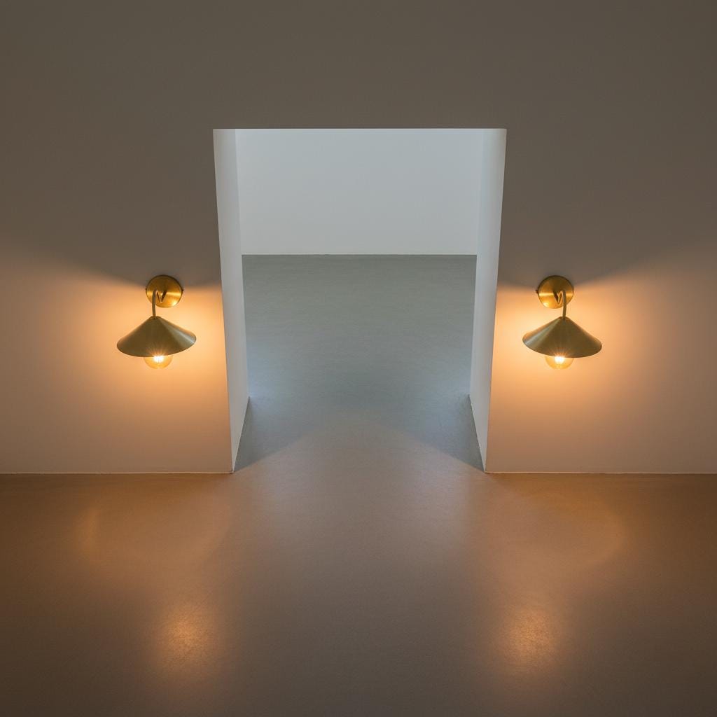 White rectangular light fixture with gold wall sconces on a dark background
