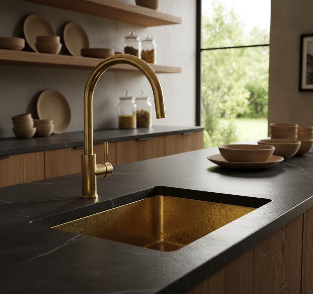 Modern kitchen with gold faucet and sink on a dark countertop