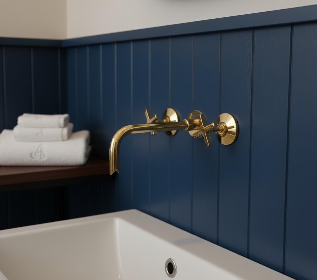 Gold faucet on a blue tiled wall with white towels below
