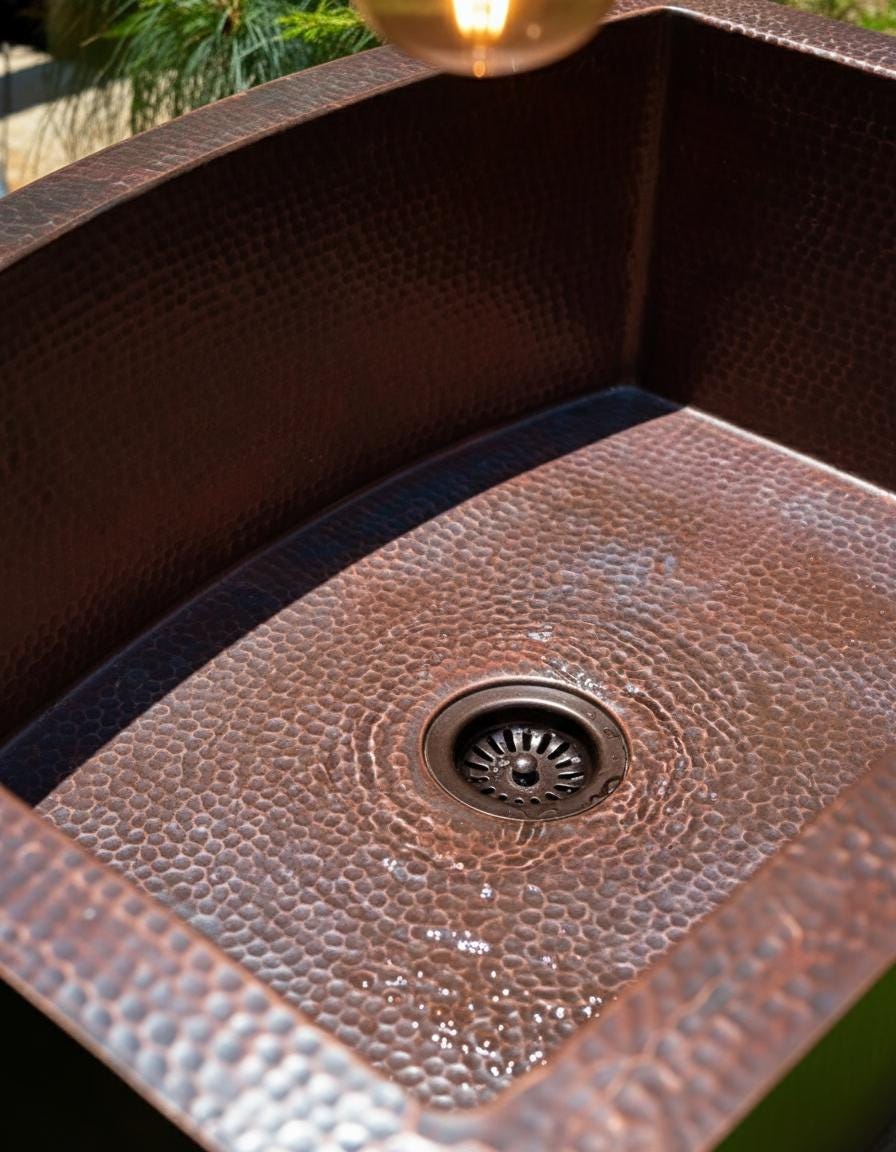 Close-up of a copper sink with a textured surface and drain.