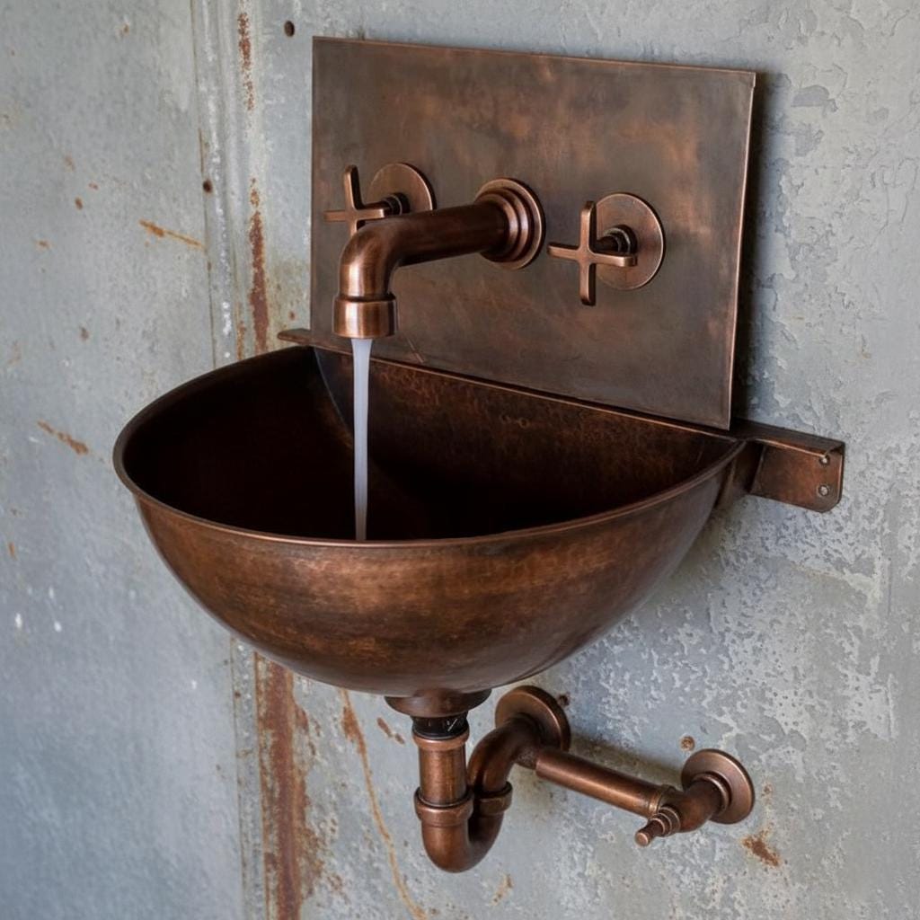 Vintage-style copper sink with faucet on a textured wall.