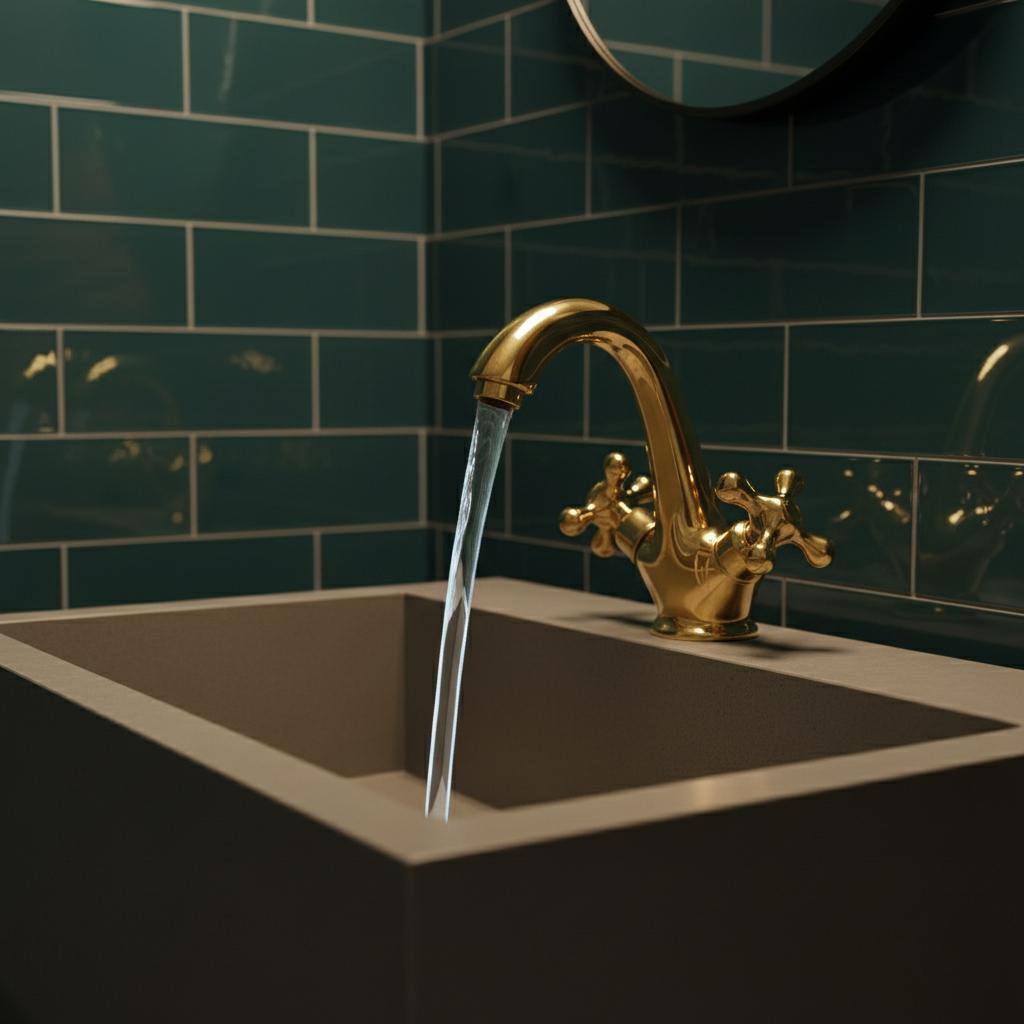 Gold faucet with running water in a bathroom setting with green tiles.