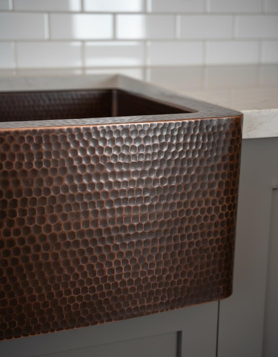 Close-up of a hammered copper sink in a kitchen setting